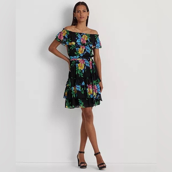 Ralph Lauren Women's Black Spring Floral Georgette Off-the-Shoulder Midi Dress14 - Picture 2 of 6